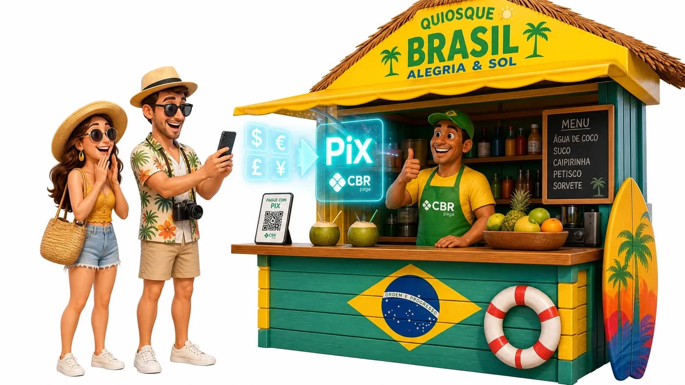 Turistas pagando com PIX em quiosque brasileiro.
